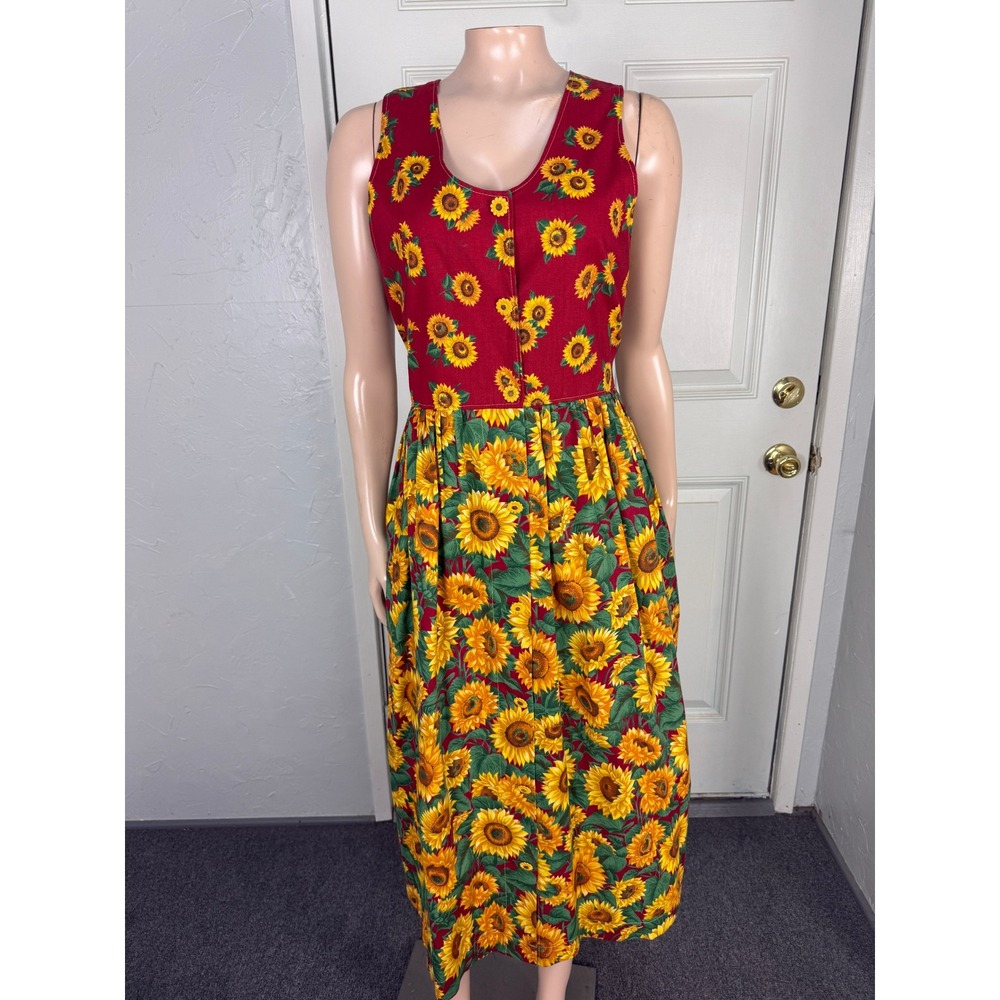 Vintage 90s Handmade Dress Midi Sunflower Novelty Button Floral Pockets X3-10